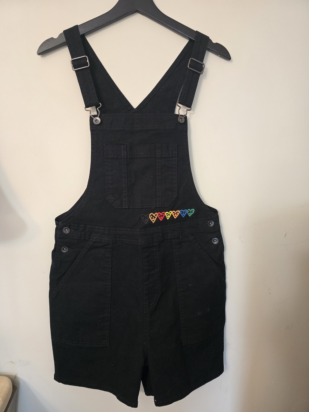 Black Short Overalls with Rainbow Heart Embrodery